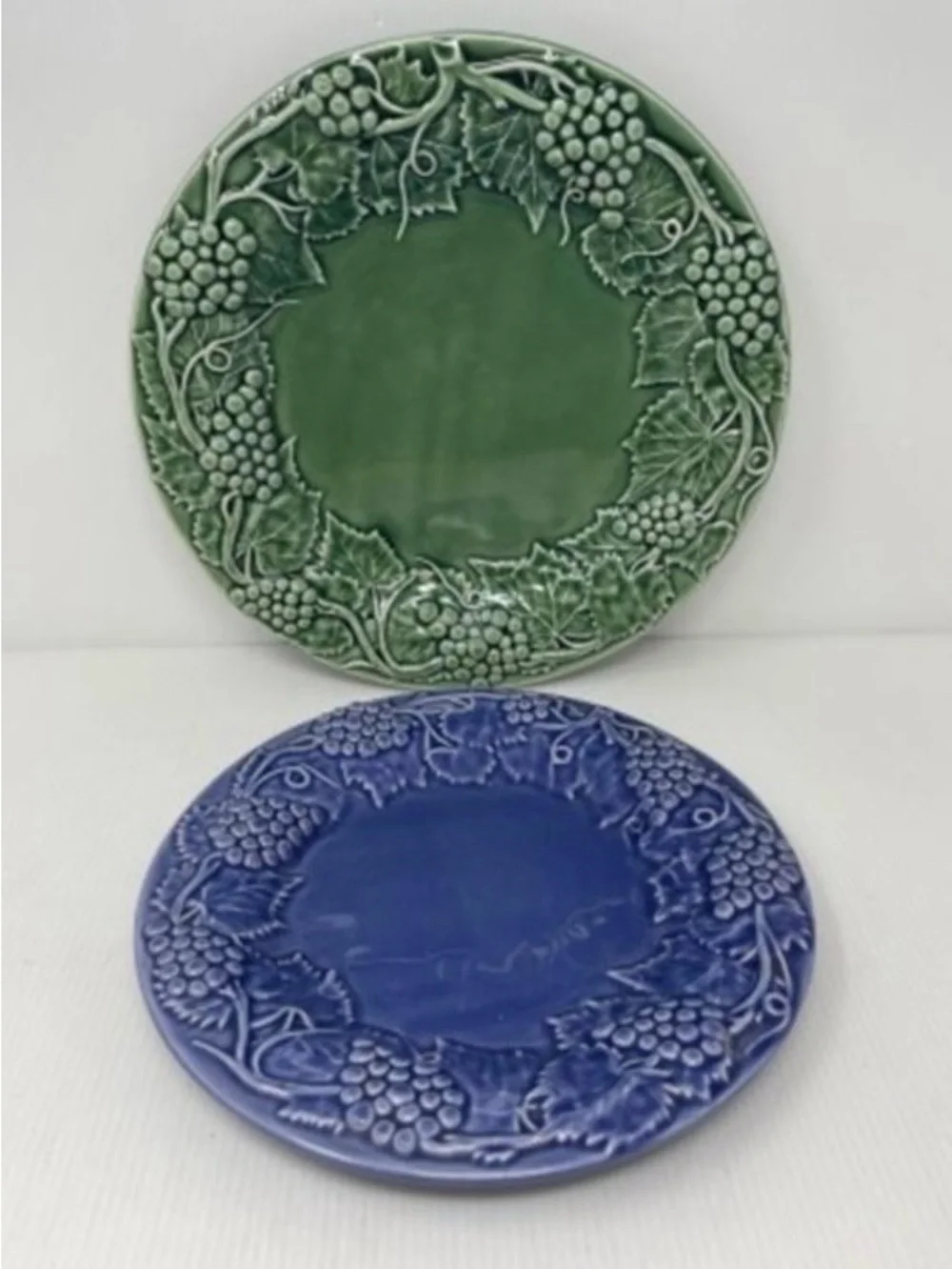 Pair of Bordallo Grape Ceramic Plates in Green and Blue